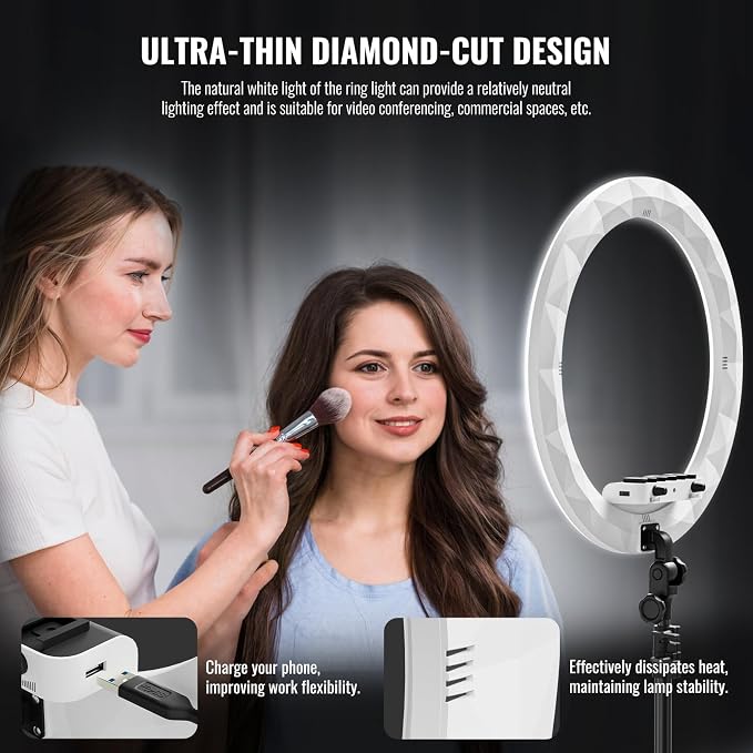 Ring Light with Stand, 19in LED Selfie Circle Light, Max 8ft/2.5m Tripod Stand, 3 Holders for iPhone, Remote Control, 6300K Color Temperature for Live Streaming, Barber, Makeup, YouTube, Tiktok - Image 4