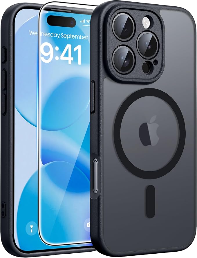FNTCASE for iPhone 16 Pro Max Case, Fit for Magsafe, Glass Screen Protector | Full Camera Protection, Translucent Matte, 14FT Military Grade Drop Proof, Shockproof Protective Phone Cover, Black by FNTCASE