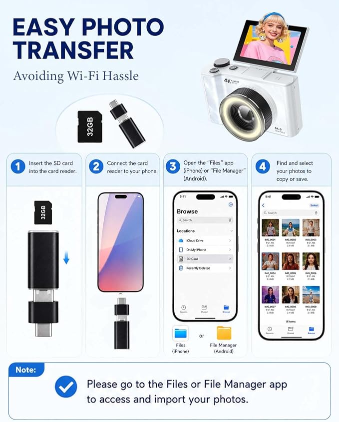 W & O 4K Digital Camera for Photography,Flip Screen Digital Camera for Kids | 64MP Vlogging Camera for YouTube with SD Card,16X Zoom Autofocus,Point and Shoot digital cameras for Teens Beginner,White - Image 4