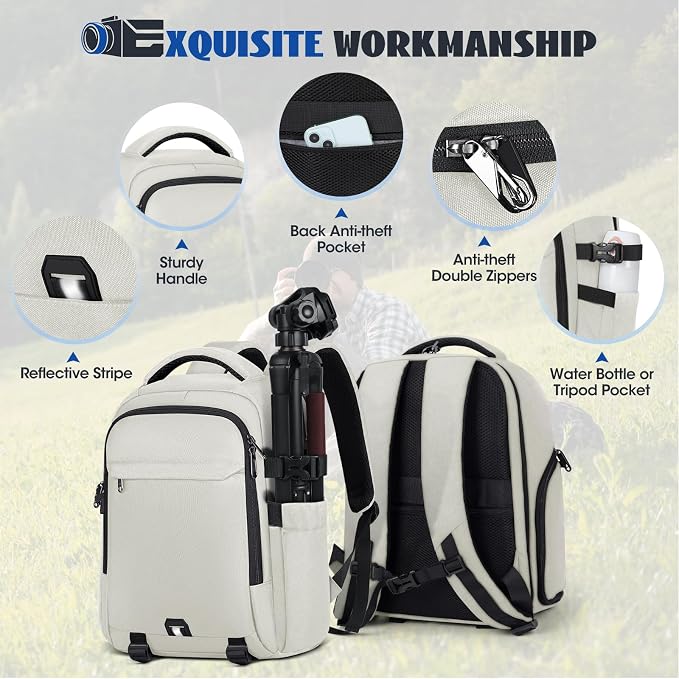 Camera Backpack Camera Bag for Photographers DSLR SLR Mirrorless Camera Cases with Waterproof Rain Cover & Laptop Compartment Fits 14 Inch Laptop,Anti Theft Travel photography backpack,Beige - Image 7