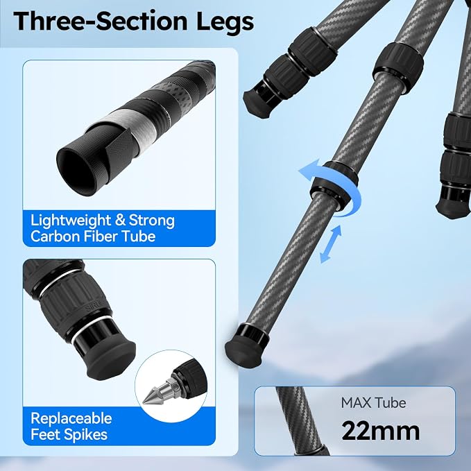 SIRUI AM-223S+G0 Carbon Fiber Mini Tripod Kit, G0 Ball Head, 16.7" | 33LB Load, 360° Panoramic Ball Head, 1.7LB Weight, DSLR, Mirrorless Camera, Desktop, Travel, Compact - Image 6