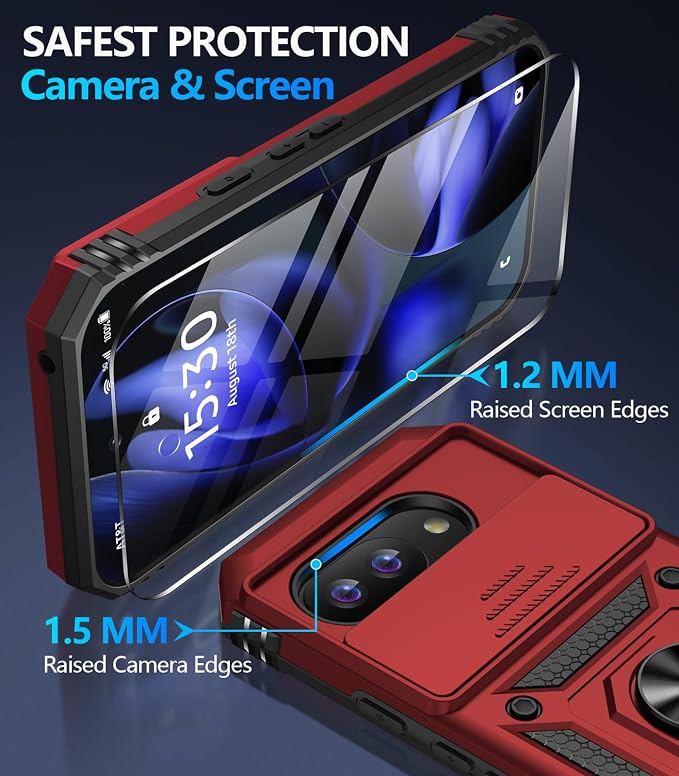 Taisairu for Google Pixel 9A Case with Screen Protector & Slide Camera Lens Cover, Built-in 360°Rotate Magnetic Ring Stand Shockproof Protective Phone Case for Google Pixel 9A Case (Red) - Image 7