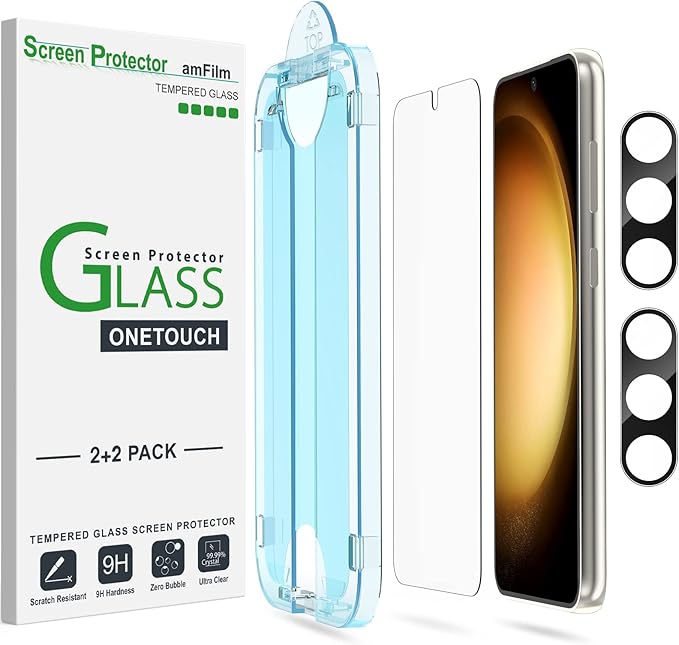 amFilm OneTouch for Samsung Galaxy S23+ Plus Screen Protector TemperedGlass | Auto-Alignment, 30s Install, Bubble Free, Scratch & Drop Protection, HD Clear, Camera Lens Protector, 2+2 Pack (S23P-6.6'') by amFilm