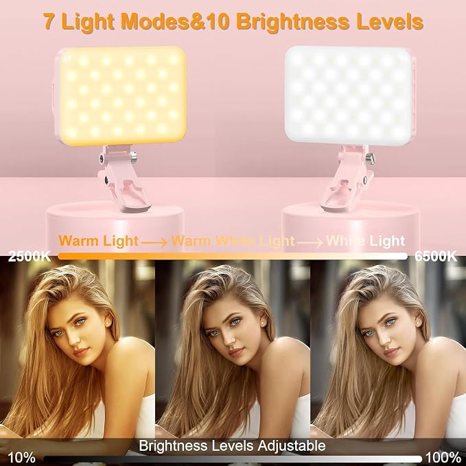 Hagibis LED Camera Light Video Lights Portable Photography Lighting 60 LED 2200mAh Rechargeable Selfie Light 7 Modes, 10-Level Brightness, Portable Clip on Light for Phone/Tablet/Laptop, Pink - Image 3
