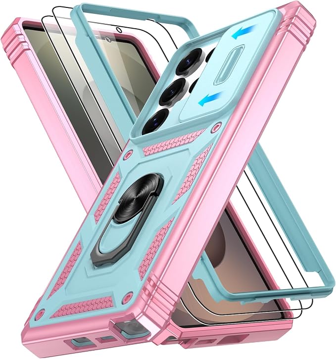 Gritup Fit for Samsung Galaxy S25 Ultra Case with Slide Camera Cover | 2 Pcs Screen Protector, Build in 360° Rotating Ring Kickstand, Military Grade Protective Phone Case, Green+Pink by Gritup