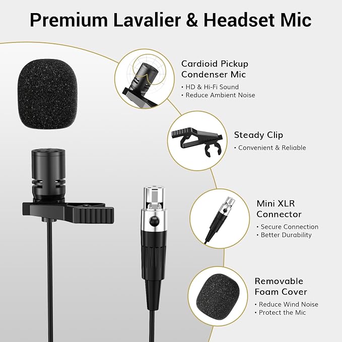 TONOR UHF Wireless Microphone System, 2 Sets Bodypack & Lavalier Mic | UHF Headset Lapel Mic, Rechargeable Receiver, 15 Channels 60 m/200ft Range 1/4" Output for Teaching, Recording ,Tour Guide - Image 6