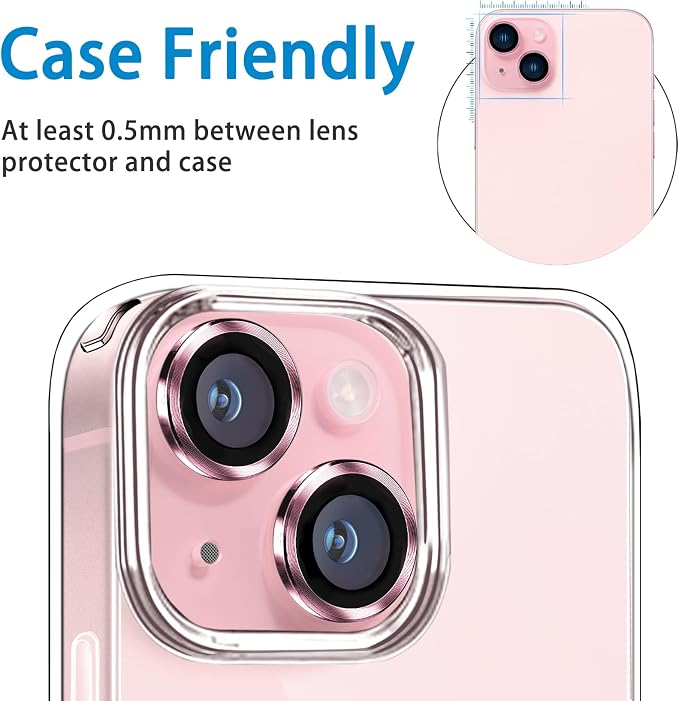 Compatible with iPhone 15 and 15 Plus Camera Lens Protector, Anti-Scratch Lens Cover 9H Tempered Glass Metal Camera Screen Protector Shockproof Camera Ring for iPhone 15 and 15 Plus - 2 Pcs Pink - Image 6