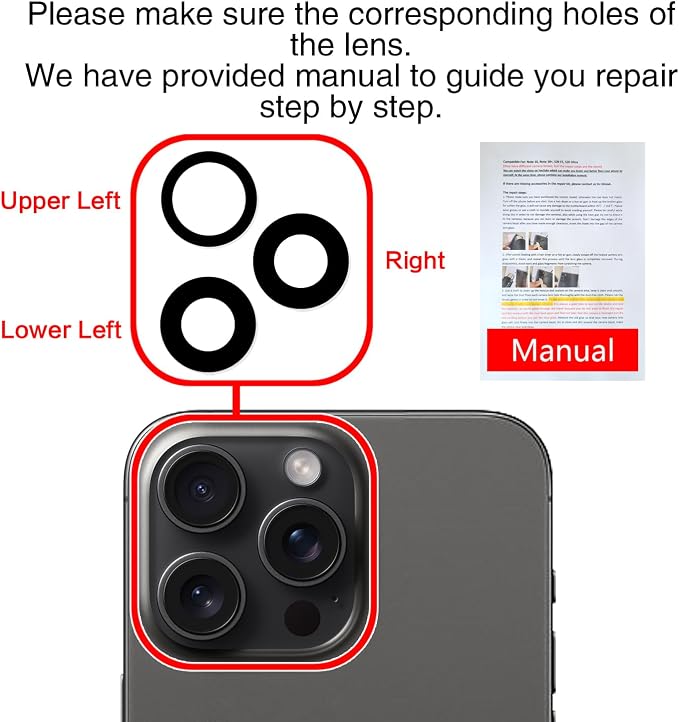 2PCS for ASDAWN Back Rear Camera Lens Glass Replacement for iPhone 15 Pro Max 6.7 Inches with Pre-Installed Adhesive, ASDAWN Back Camera Lens Glass kit with Installation Manual + Repair Tool Set - Image 7