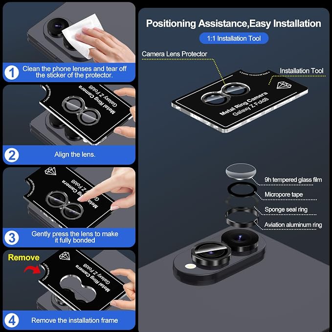 for Samsung Galaxy Z Fold 8 Camera Lens Protector, Individual Metal Ring Tempered Glass Lens Cover, [Strong Adsorption] Scratch Resistant Ultra-Thin HD Clear Lens Cover, 1 Set-Black - Image 7