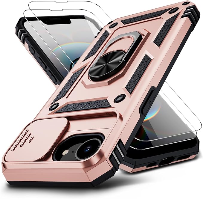 for iPhone 17e Case & iPhone 16e Case with 2X HD Screen Protector & Slide Camera Cover & Rotated Ring Kickstand, Rugged Heavy Duty Protective Phone Case for iPhone 17e/16e 6.1", Rose Gold by Muntinfe