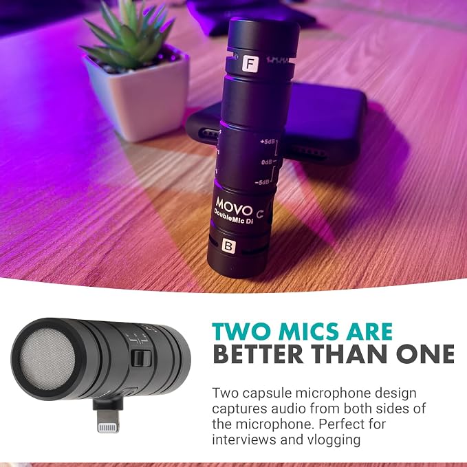 Movo DoubleMic-DI Dual Capsule Microphone for iPhone- Two-Sided Cardioid Condenser Mic for Video Recording- Professional Microphone for iPhone, iPad, iOS- Apple Lightning MFi Certified - Image 4