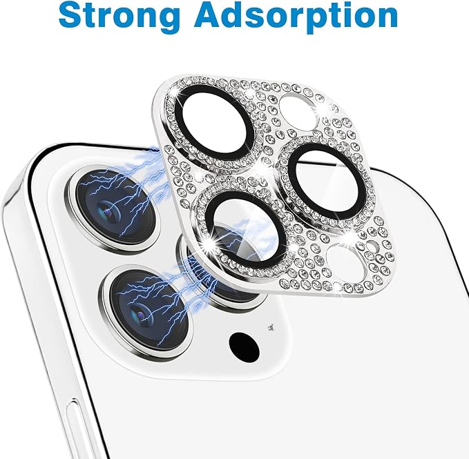for iPhone 13 Pro & iPhone 13 Pro Max Camera Lens Protector, Bling 3D Rhinestone Diamond 9H Tempered Glass Camera Cover Anti Scratch Shockproof Metal Lens Screen Full Protective Cover - Silver - Image 3