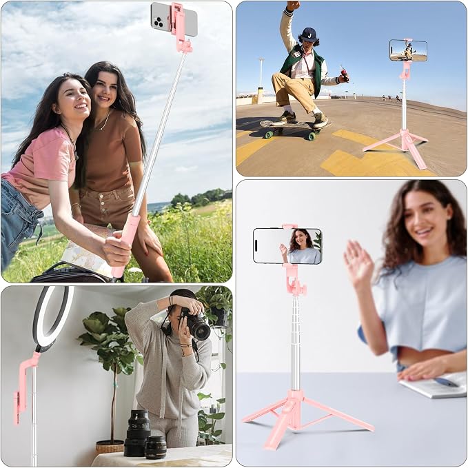 Selfie Stick Tripod for Phone with Remote Control & Holder, 63 Inch, Pink | Extendable Selfie Stick Travel for iPhone, iPhone Tripod for Video Recording - Image 7