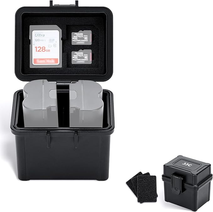 JJC Small Camera Battery SD Card Case Holder for Canon Nikon Sony Fuji DSLR | Battery Organizer Holds up to 2 LP-E17 LP-E12 EN-EL25 EN-EL14 NP-FZ100 FW50 NP-W235 NP-W126 Batteries, Water-Resistant by JJC