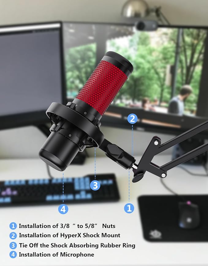 Microphone Shock Mount for HyperX QuadCast, Custom, Durable, with Adapters | Metal Outer Ring, Anti-Vibration, Durable Replacement, Works with Mic Stand and Boom Arm, 3/8" and 1/4" Screw Adapters - Image 7