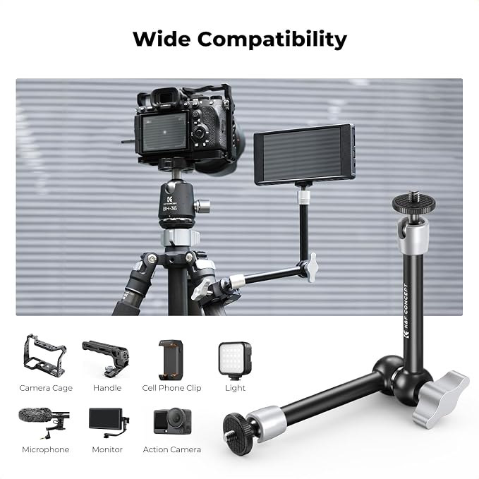 K&F CONCEPT 9.8" Magic Arm Clamp Kit with Dual 360° Ball Heads | Camera Arm Mount for Monitor, Flash, LED Light, Microphone, Camera Cage, Action Camera, Sliver, MS32 - Image 2