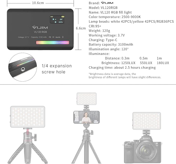 VIJIM VL120 RGB Video Light Portable LED Camera Light Panel 0-360Full Color | CRI 95+ 2500-9000K LED 3100mAh Rechargeable DSLR Lighting for Vlogging, Photography, Video Conference - Image 7