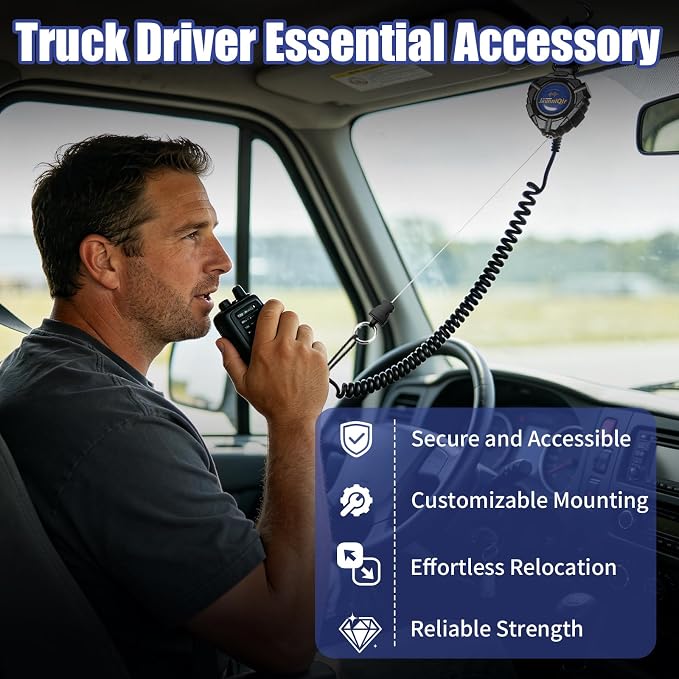 CB Mic Holder, Retractable CB Radio Microphone Hanger with 28" Stainless Steel Cord, Heavy-Duty Mic Tether with Adjustable Mount Kit & D-Ring with Screw, Perfect for Truck Drivers, Type-A - Image 2