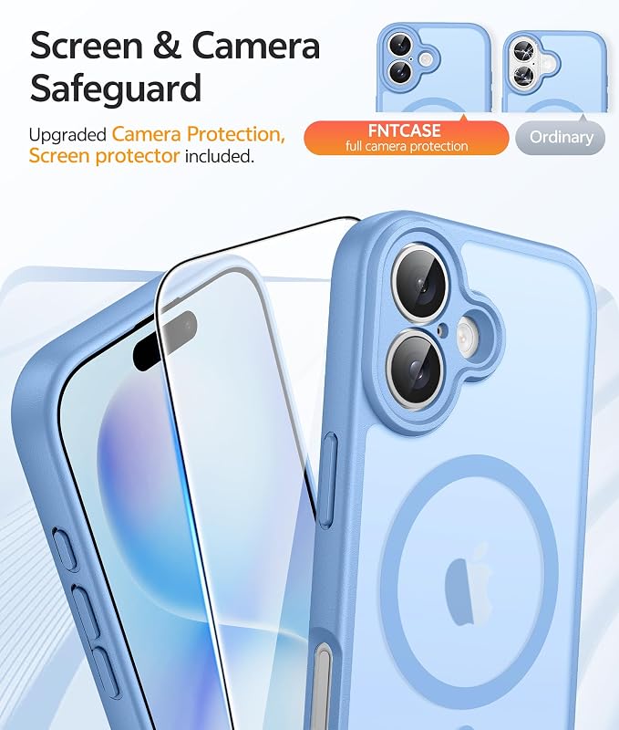 FNTCASE for iPhone 16 Plus Case, Fit for Magsafe, Screen Protector | Full Camera Protection, Translucent Matte, 14FT Military Grade Drop Proof, Shockproof Protective Phone Cover, Light Blue - Image 4