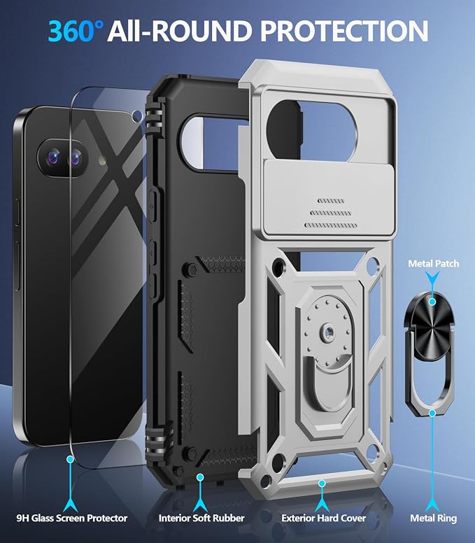 Taisairu for Google Pixel 9A Case with Screen Protector & Slide Camera Lens Cover, Built-in 360°Rotate Magnetic Ring Stand Shockproof Protective Phone Case for Google Pixel 9A Case (Silver) - Image 2