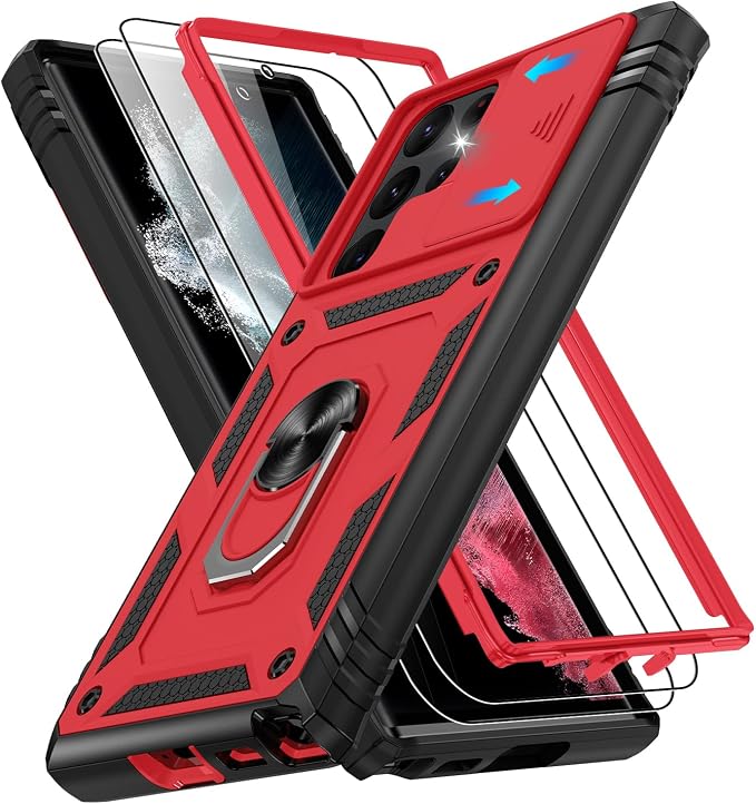 Gritup for Galaxy S22 Ultra Case Military-Grade Shockproof with Kickstand | with 2 PCS Screen Protector, Slide Camera Cover, Heavy Duty Outdoor Protection Funda para Samsung S22 Ultra Cover, Red+Black by Gritup