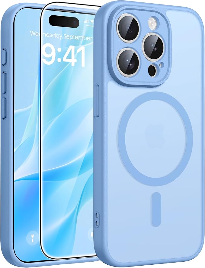 FNTCASE for iPhone 15 Pro Case, Fit for Magsafe, Screen Protector | Full Camera Protection, Translucent Matte, 14FT Military Grade Drop Proof, Shockproof Protective Phone Cover, Light Blue by FNTCASE