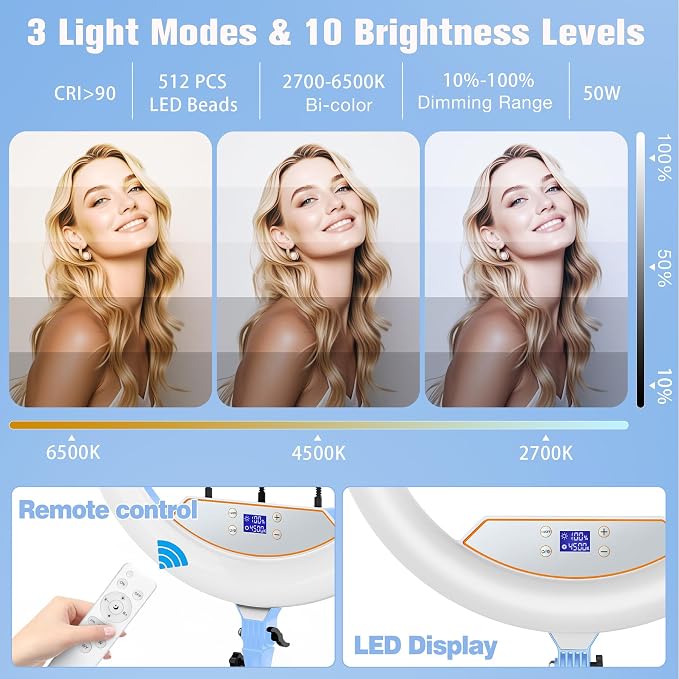 MACTREM Large 22" Ring Light with Stand for iPad Makeup, 75" Tripod, Blue | 50W CRI90+ LED, 2700K-6500K, Phone Tablet Holder, Dual USB, Stable 75" Tripod, for Tattoo Barber Streaming - Image 4