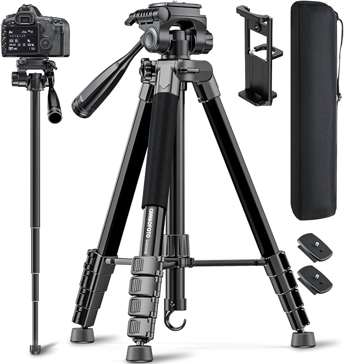 CAMBOFOTO 73" Camera Tripod and Monopod, Aluminum Tripod Stand/Black | for Professional Camera/Mirrorless/DSLR/Cell Phone/Camcorder/GoPro, with Phone Holder/Travel Bag by CAMBOFOTO