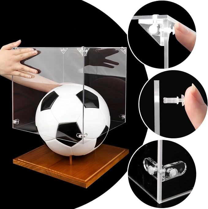Clear Acrylic Soccer Display Case with Wood Base & Tee, Memorabilia Stand Cube Holder, Dust Protection Transparent Storage Box for Single Ball Souvenir Soccer Ball Collections - Image 6