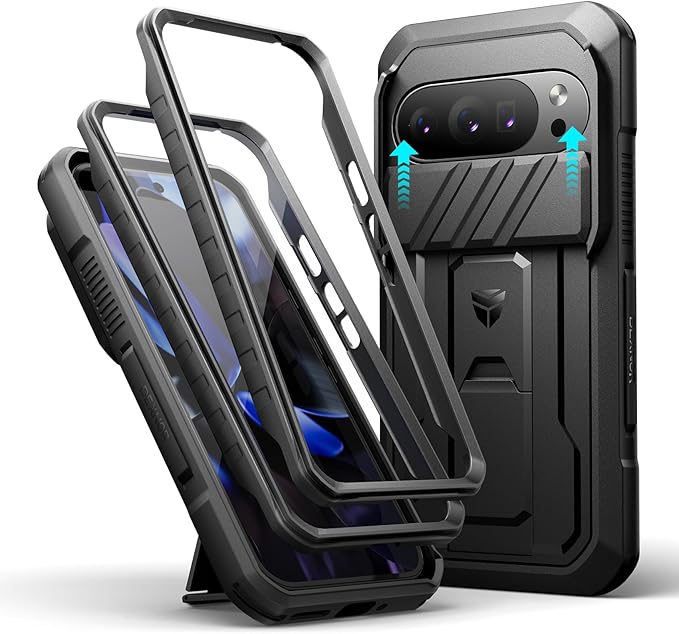 Dexnor for Google Pixel 10/10 Pro Case with Slide Camera Cover & 2 Front Frames & Built-in Screen Protector & Kickstand, Full-Body Shockproof Protective Cover Rugged Bumper Cases,Black(2025) by Dexnor