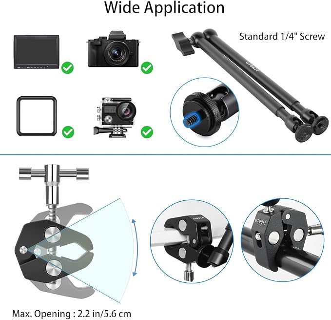 UTEBIT 22 Inch Magic Arm Camera Mount with Super Clamp 1/4" 3/8" Screw Hole | Adjustable Articulating Friction Camera Boom with 360° Ball Heads Arm for Monitor, LED Light, Webcam, Action Camera - Image 5
