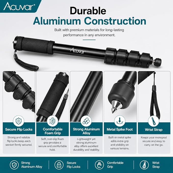 Acuvar 62 Inch Photography Monopod with Safety Strap – Lightweight Aluminum Camera Monopod for Travel & Outdoor Shooting - Image 4