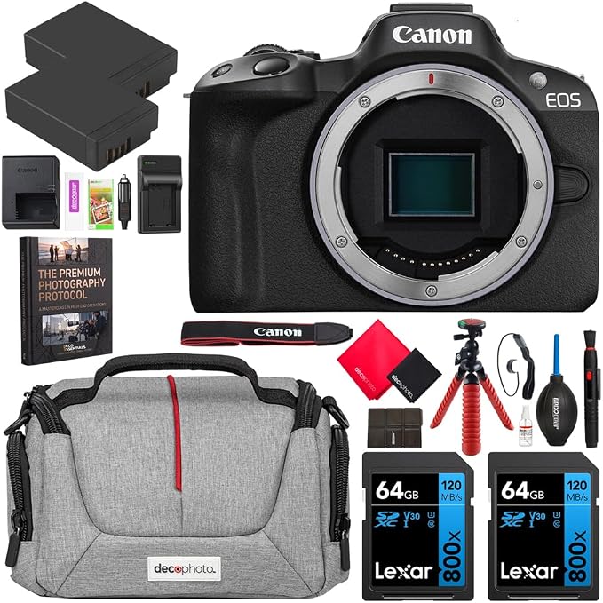 Canon EOS R50 Mirrorless APS-C Interchangeable Lens Camera Body Black 5811C002 Bundle with Deco Gear Photography Bag + 2 x Battery + 2 x 64GB Memory Cards + Photography Pro eBook + Accessories Kit by Unknown