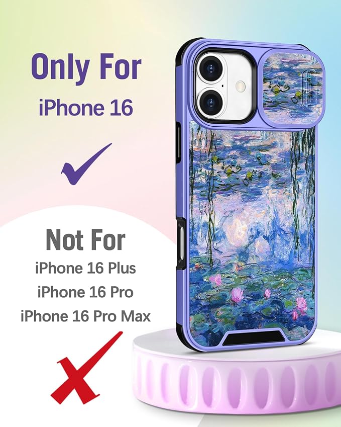 Buleens for iPhone 16 Case 6.1 Inch - with Ring Stand & Camera Cover Aesthetic Cute Designed for Women Girls Girly Pretty Kawaii Blue Water Lily Teens Phone Case for iPhone 16 Compatible with Magsafe - Image 2