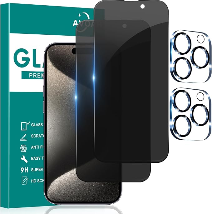 2+2 Pack Privacy Screen Protector for iPhone 15 Pro, 6.1 Inch | Camera Lens Protector, Tempered Full Screen Glass, Anti-Spy, Bubble Free, Case Friendly by AVOAR