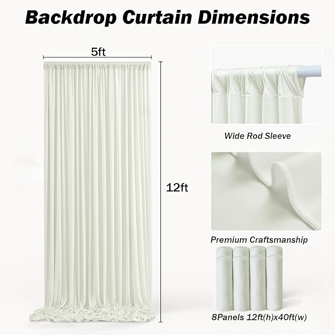 40x12 ft Ivory Backdrop Curtains for Weddings Parties, Birthdays and Photos | 8 Panels 5x12 ft, Wrinkle-Free Polyester Drapes, Washable, Ironable, 4 in Rod Pocket for Baby Showers Photography Background - Image 6