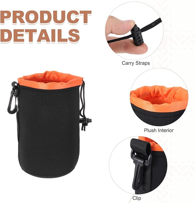 PATIKIL Camera Lens Pouch, 4" ID x 6" H Drawstring Plush Lens Pouch Protective Camera Lens Case Bag Soft Plush Neoprene Bag for DSLR Photography Gear, Black/Orange - Image 3