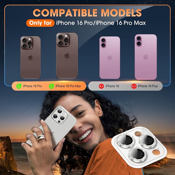 iPhone 16 Pro/16 Pro Max Camera Lens Protector Bling Diamond, Silver | Individual Metal, 9H Hardness, Scratch Resistant, Shockproof, Drop Protection, Case Friendly, Stylish Accessories - Image 5