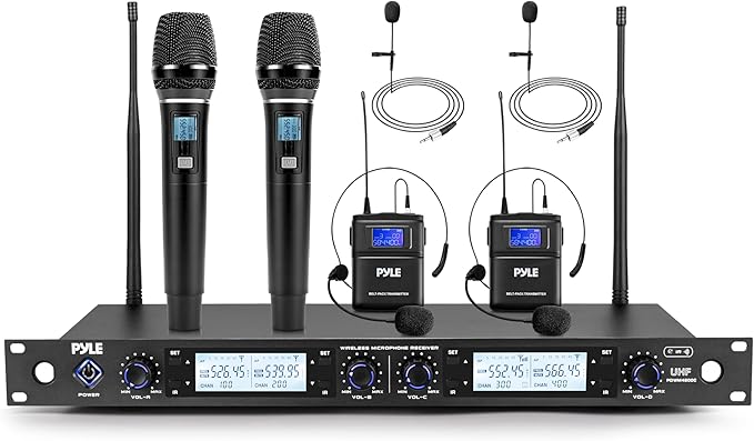 Pyle 4 Channel UHF Wireless Microphone System with 2 Handheld Mics, 2 Lavalier 2 Headsets & Beltpack Transmitters, 300ft Range, Rack Mount Receiver for Church, Meetings, DJ & PA Systems by PyleUSA