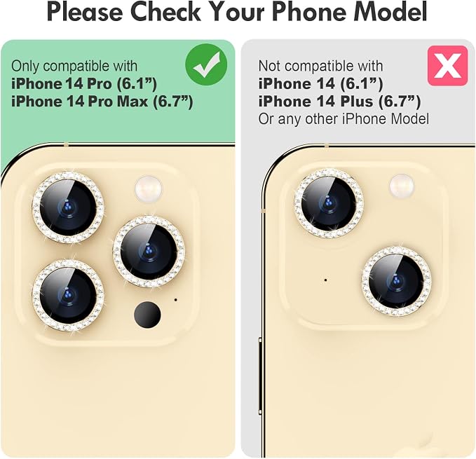 for iPhone 14 Pro/14 Pro Max Camera Lens Protector Diamond, Gold | Individual Metal, 9H Hardness, Scratch Resistant, Shockproof, Drop Protection, Case Friendly, Stylish Accessories - Image 2