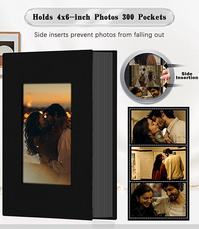 Ejblfe Photo Album 4x6,Linen Cover Slide-in Photo Album Book Can Holds 300 4x6 Photos with 50 Black Sheets for Family,Wedding,Baby and Holiday Pictures (Black) - Image 3