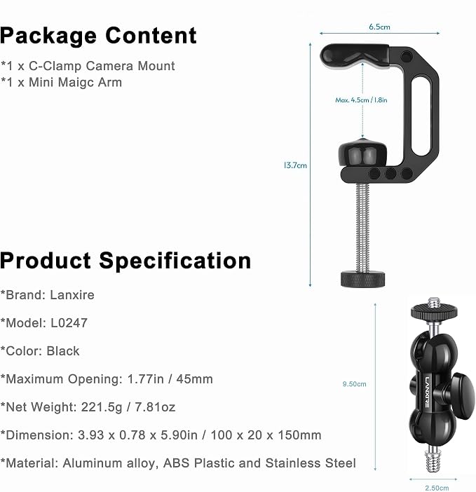 Camera Clamp Mount C Clamp with Magic Arm - Perfect for Fence, Desk, Tripod, Monitor, Light, GoPro, Insta360, DSLR - Essential Tool for Outdoor Projects, Broadcasting, Photography - Image 9