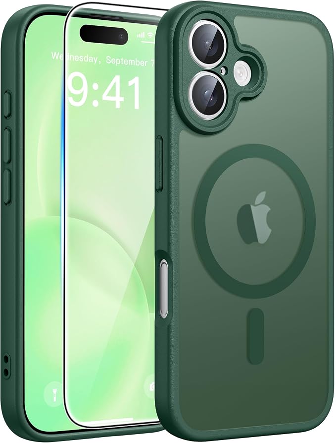 FNTCASE for iPhone 16 Case, Fit for Magsafe, Screen Protector, Green | Full Camera Protection, Translucent Matte, 14FT Military Grade Drop Proof, Shockproof Protective Phone Cover by FNTCASE