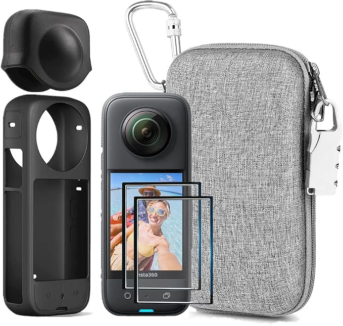 7in1 Compatible with Insta360 X3 Accessories Kit[Silicone Camera Case Cover and Lens Cap][2Pcs 3D Screen Protector Film][Carrying Case Bag with Auto Locking Carabiner and Anti-loss Lock] by LEWOTE
