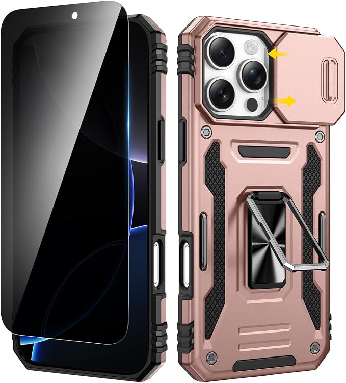 VEGO for iPhone 16 Pro Max Case with Privacy Screen Protector Rose Gold | Slide Camera Cover & Ring Kickstand Military Grade Heavy Duty Protection Cover for iPhone 16 ProMax - Rose Gold by VEGO
