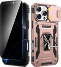 VEGO for iPhone 16 Pro Case with with Privacy Screen Protector and Stand | Slide Camera Cover & Ring Kickstand Military Grade Heavy Duty Protection Cover for iPhone 16 Pro 5G 6.3 Inch - Rose Gold by VEGO