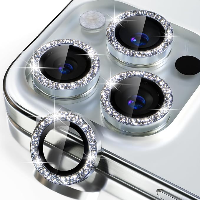 Misea Compatible for iPhone 15 Pro/iPhone 15 Pro Max Camera Lens Protector | 9H Tempered Glass Ultra HD Bling Camera Screen Protector Cover Metal Individual Ring Decoration Accessories, Silver Glitter by Misea