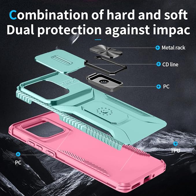 for Moto Edge 2025 Case,with Sliding Camera Lens Cover,HD Screen Protector,360° Rotating Kickstand, Military-Grade Shockproof Protective Cover for Motorola Moto Edge 2025,Mint+Pink - Image 5
