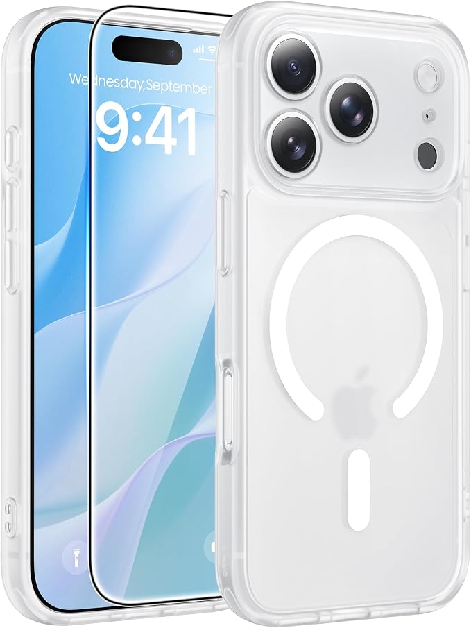FNTCASE for iPhone 17 Pro Case, Fit for Magsafe, Screen Protector, White | Full Camera Protection, Translucent Matte, 14FT Military Grade Drop Proof, Shockproof Protective Phone Cover by FNTCASE