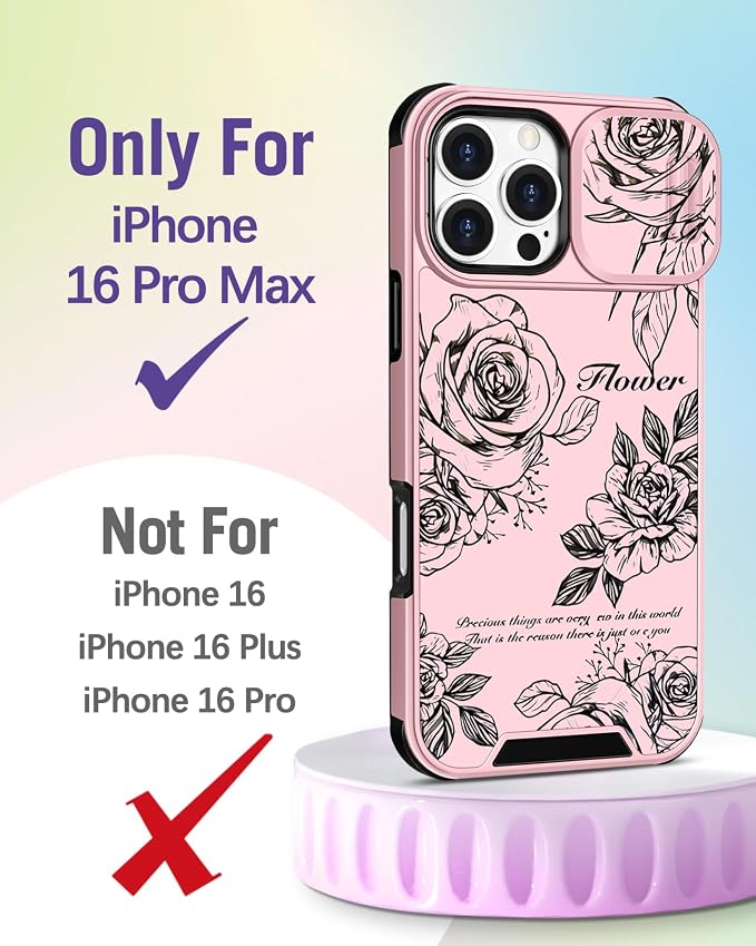 Buleens for iPhone 16 Pro Max Case 6.9 Inch - with Ring Stand & Camera Cover Aesthetic Cute Designed Women Girl Girly Pretty Kawaii Rose Flower Phone Case for iPhone 16 Pro Max Compatible with Magsafe - Image 2